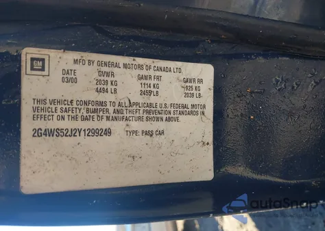 2000 Buick Century Custom from USA, damaged, VIN 2G4WS52J2Y1299249